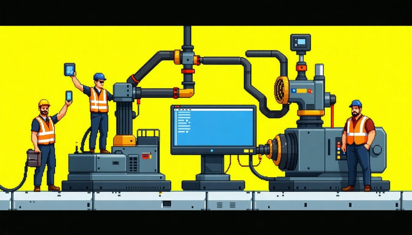 A team of operators proud of their new python based workflow The Python tool is shown as a big machine