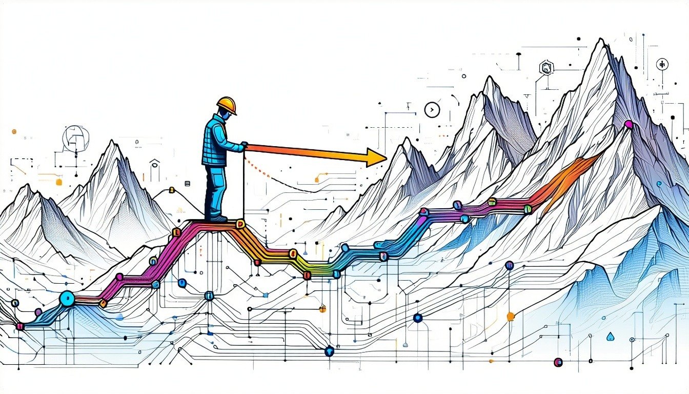An engineer untangling a mess of data wires into a coherent landscape of mountains and valleys The optimal peaks are highlighted and an arrow shows the best way forward-1