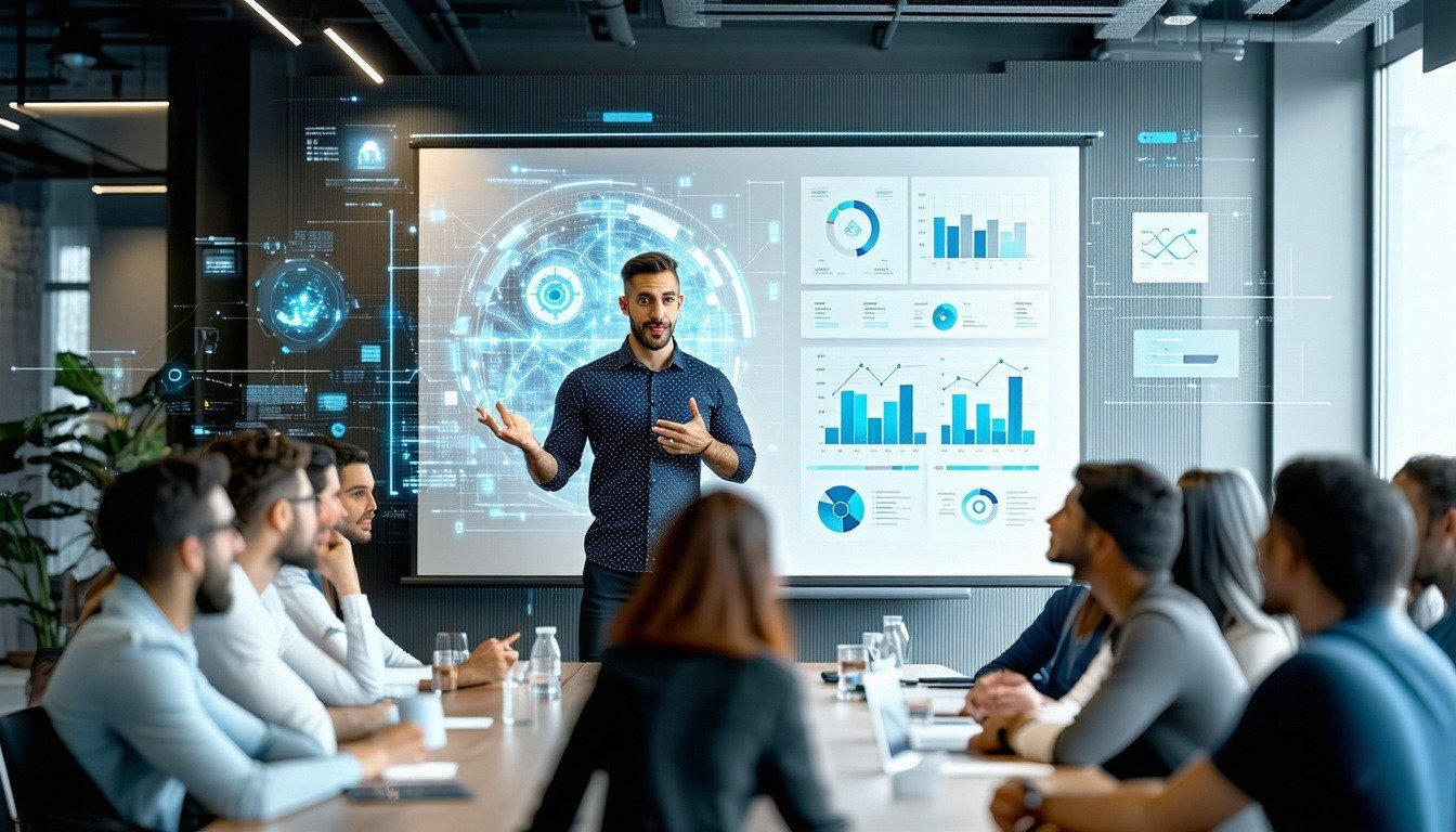 The engineer stood before the team articulating a vision of how artificial intelligence will revolutionize their operations He detailed specific applications such as predictive analytics to optimize supply chain efficiency machine learning algorithms-1