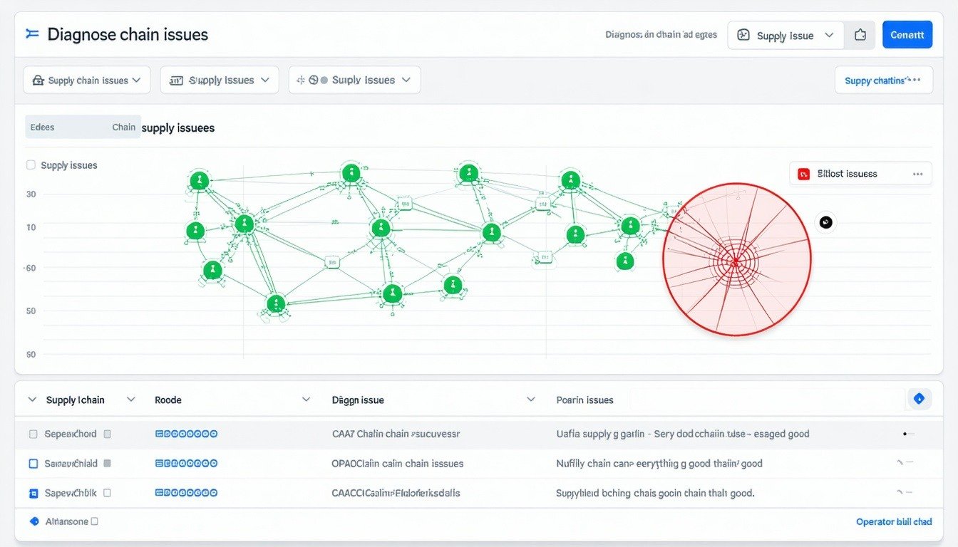 There is a GUI shown that an operator uses to diagnose supply chain issuesA graph showing the edges and nodes of a supply chain is shown Portions of the graph are highlighted in a big red circle while others are green to show that everything is good