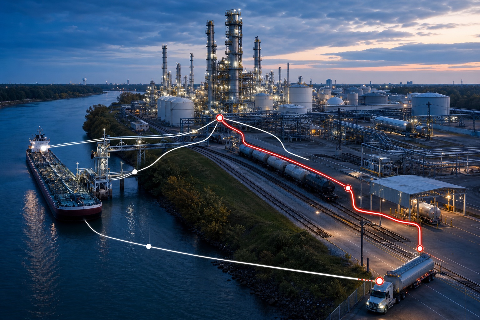 Chemical plant connected to barge, rail, and truck fulfillment routes